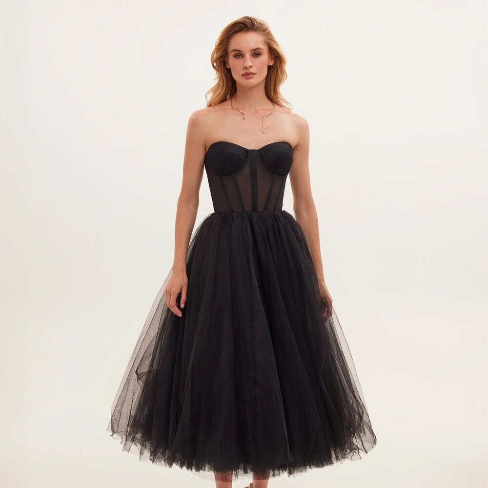 Milla Black Strapless Puffy Midi Tulle Dress